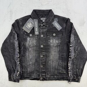R3BEL Jacket Mens Medium Denim Black Embroidered Paradise Thrashed‎ Distressed